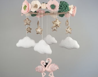 Flamingo mobile for nursery, floral baby mobile, felt crib mobile, flower mobile