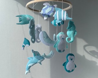 Mobile bébé océan pour chambre de bébé, mobile pour lit de bébé baleine, mobile animaux marins, dauphin, tortue, baleine