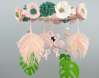 Baby girl nursery flamingo mobile, cot mobile, felt  floral mobile bebe, flower crib mobile, new baby gift, flamingo nursery decor