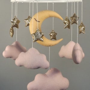 Baby girl mobile, stars and moon mobile nursery, hangin cloud mobile, crib mobile bebe, baby mobile felt, gold stars nursery decor