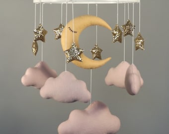 Baby girl mobile, stars and moon mobile nursery, hangin cloud mobile, crib mobile bebe, baby mobile felt, gold stars nursery decor