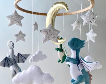 Dragon Baby Mobile, Felt Dragons, Clouds, Moon and Stars