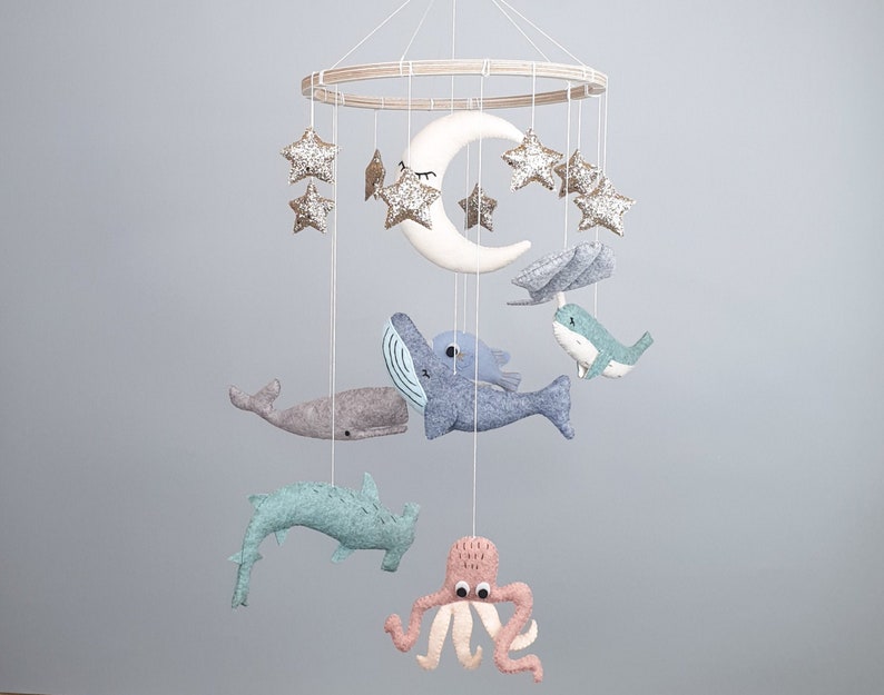 Whale Baby Mobile Nursery, Hanging Mobile, Baby Boy Mobile, Stars Moon Mobile, Under the Sea Mobile Bebe, Baby Shower Gift image 1