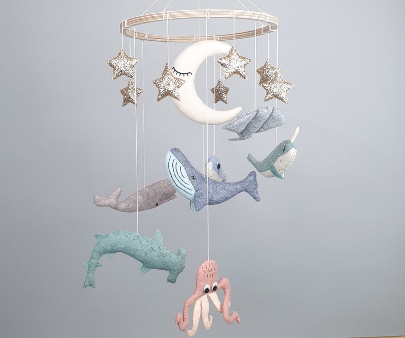 Whale Baby Mobile Nursery, Hanging Mobile, Baby Boy Mobile, Stars Moon Mobile, Under the Sea Mobile Bebe, Baby Shower Gift image 8