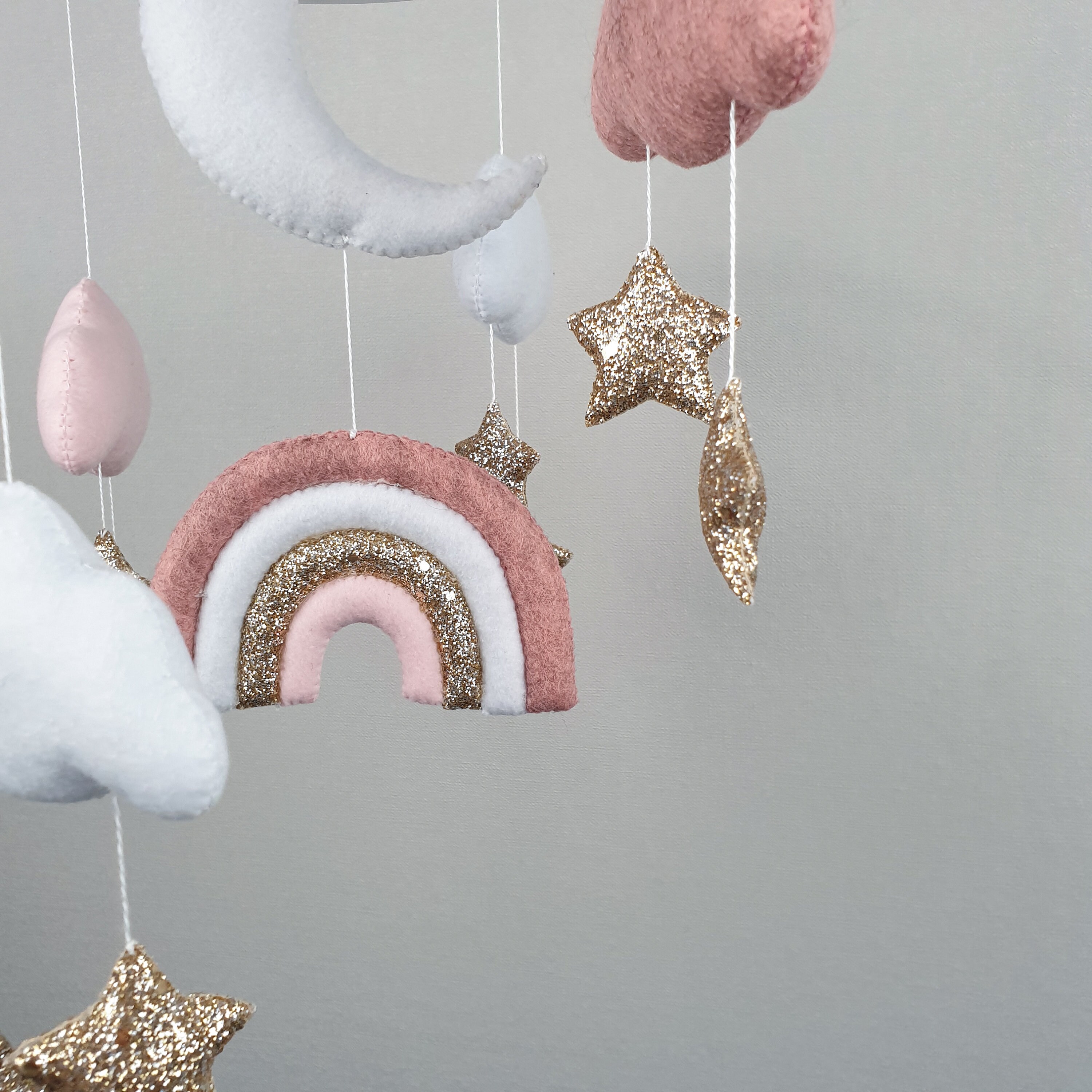 Baby Girl Crib Mobile Rainbow Baby Mobile Nursery, Cloud Moon and Gold