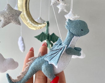 Felt Dragon Baby Mobile, Moon Stars Clouds Nursery Decor