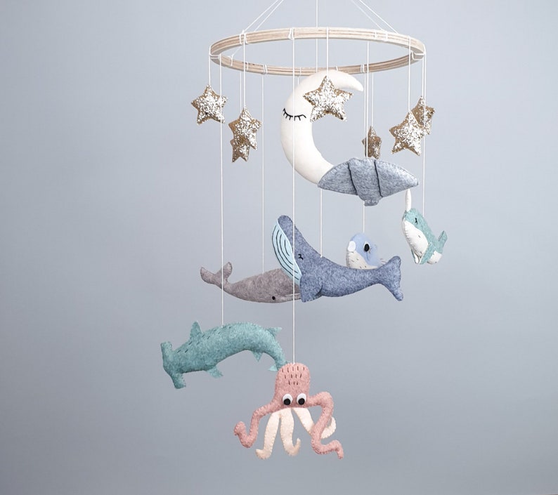 Whale Baby Mobile Nursery, Hanging Mobile, Baby Boy Mobile, Stars Moon Mobile, Under the Sea Mobile Bebe, Baby Shower Gift image 6
