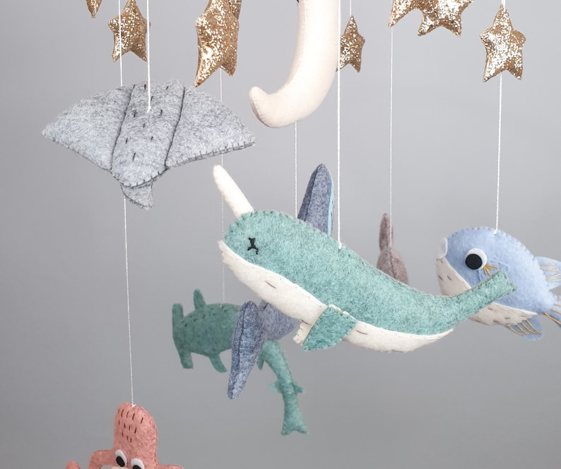 Whale Baby Mobile Nursery, Hanging Mobile, Baby Boy Mobile, Stars Moon Mobile, Under the Sea Mobile Bebe, Baby Shower Gift image 4