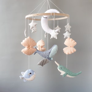 Whale Baby Mobile Nursery, Ocean Nautical Hanging Mobile, Stars Moon Mobile, Baby Boy Mobile,  Under the Sea Mobile Bebe, Baby Shower Gift