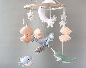 Whale Baby Mobile Nursery, Ocean Nautical Hanging Mobile, Stars Moon Mobile, Baby Boy Mobile,  Under the Sea Mobile Bebe, Baby Shower Gift