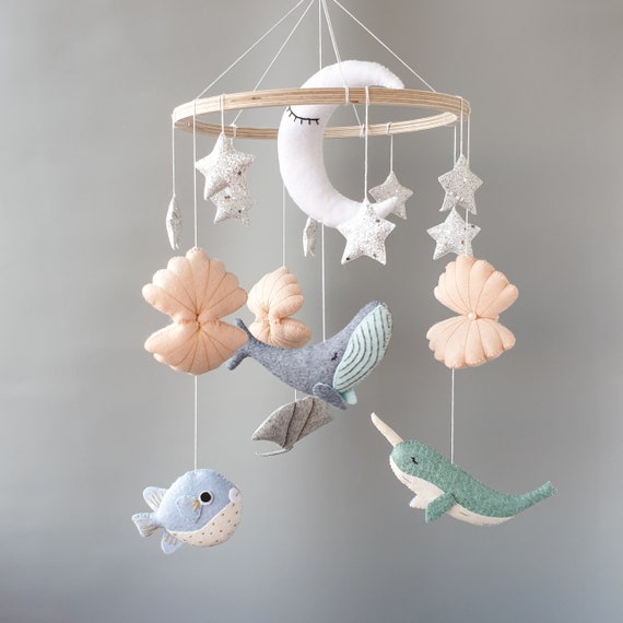 Whale Baby Mobile Nursery, Ocean Nautical Hanging Mobile, Stars Moon Mobile,  Baby Boy Mobile, Under the Sea Mobile Bebe, Baby Shower Gift 