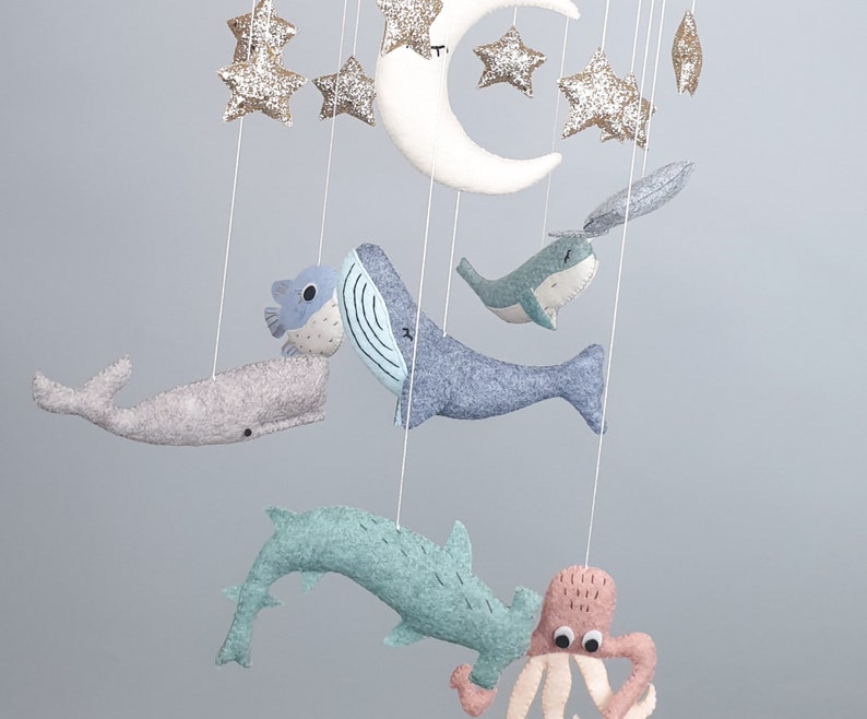 Whale Baby Mobile Nursery, Hanging Mobile, Baby Boy Mobile, Stars Moon Mobile, Under the Sea Mobile Bebe, Baby Shower Gift image 2