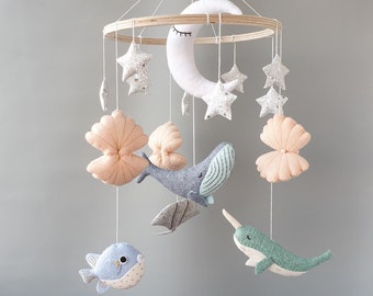 Whale baby mobile for nursery, ocean baby crib mobile, under the sea mobile,