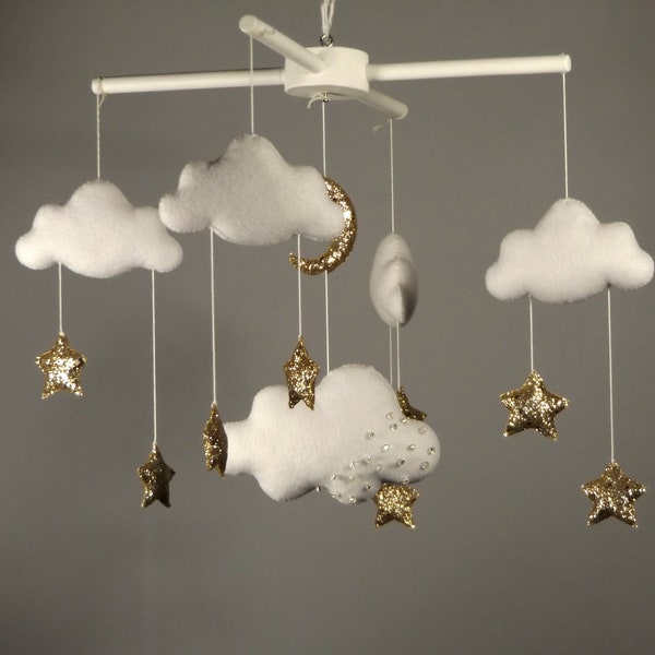 Baby Cloud Mobile, Moon Star Mobile, Nursery Mobile, Gold Stars Mobile, Cloud Nursery Decor, Presepe Cot Felt Mobile, Hanging Mobile