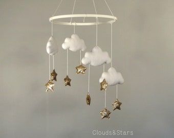 Cloud And Stars Baby Mobile For Nursery, Crib Cot Mobile, Cloud Nursery Decor, Moon Decor For Nursery Room, Gold Stars For Nursery