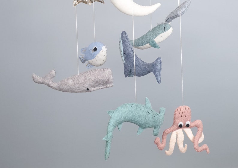 Whale Baby Mobile Nursery, Hanging Mobile, Baby Boy Mobile, Stars Moon Mobile, Under the Sea Mobile Bebe, Baby Shower Gift image 5