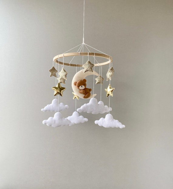 Baby bear mobile for nursery, teddy bear mobiles for crib, moon cloud and gold stars mobile