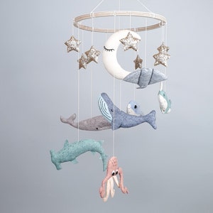 Whale Baby Mobile Nursery, Hanging Mobile, Baby Boy Mobile, Stars Moon Mobile, Under the Sea Mobile Bebe, Baby Shower Gift image 3