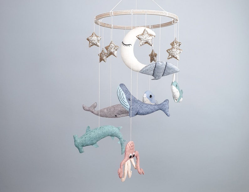 Whale Baby Mobile Nursery, Hanging Mobile, Baby Boy Mobile, Stars Moon Mobile, Under the Sea Mobile Bebe, Baby Shower Gift image 3