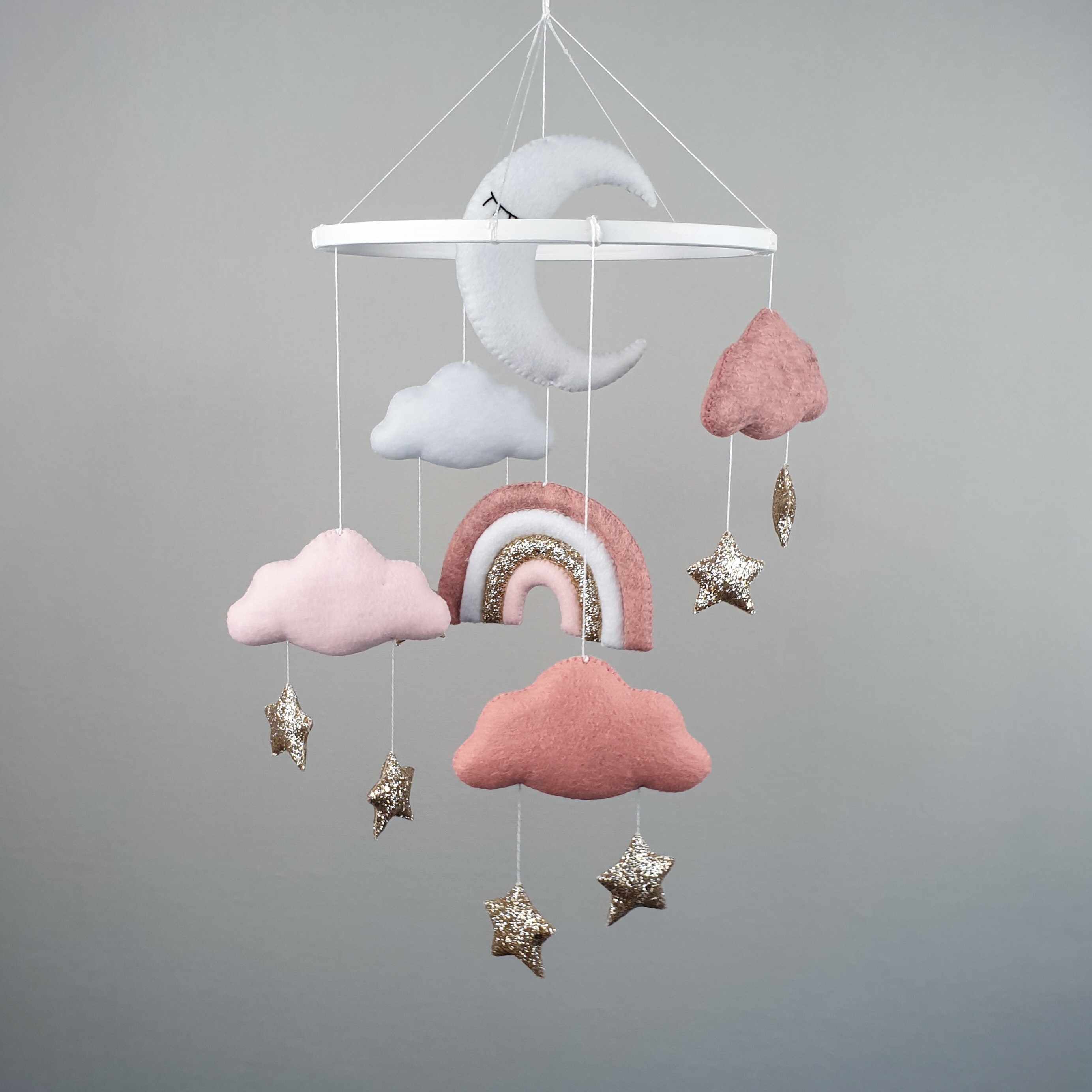 Baby Girl Crib Mobile Rainbow Baby Mobile Nursery, Cloud Moon and Gold