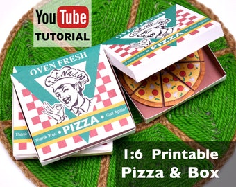 Instant Download Printable Pizza box with Pizza Miniature 1:6 scale DIY PDF template for dollhouse