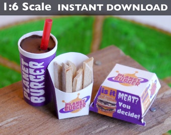 Instant Download 1:6 Scale Printable miniature Fast Food PDF template for barbie and other play-scale dolls French fry Container Burger box