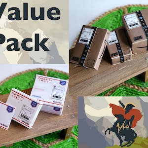May include: A value pack of Priority Mail shipping boxes. The boxes are brown and white with the text "Priority Mail" printed on them. The boxes are arranged on a wooden surface with a green and brown background.