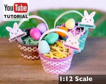 Instant Download Miniature Easter Baskets 1:12 Scale DIY Printable PDF template and Tutorial for dollhouse or dioramas