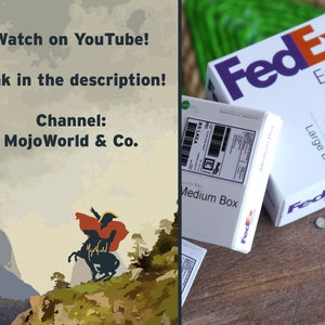以下が含まれることがあります： FedExのロゴと「FedEx Express」の文字が書かれた白いFedExの箱が2つ。上の箱には「Large Box」、下の箱には「Medium Box」と書かれている。