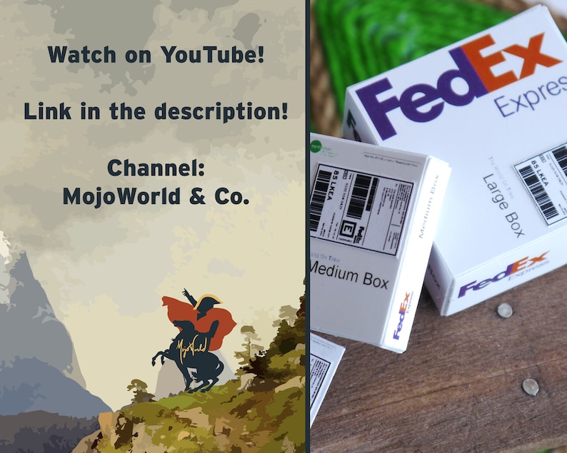 以下が含まれることがあります： FedExのロゴと「FedEx Express」の文字が書かれた白いFedExの箱が2つ。上の箱には「Large Box」、下の箱には「Medium Box」と書かれている。