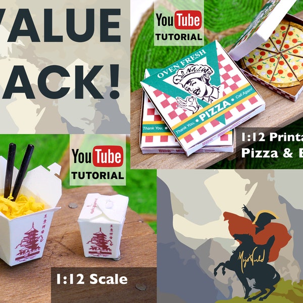 Sofortiger Download druckbare Pizza-Box & chinesischer Take-out-Behälter Miniatur 1:12 Maßstab DIY PDF-Vorlage Vorteilspaket für Puppen