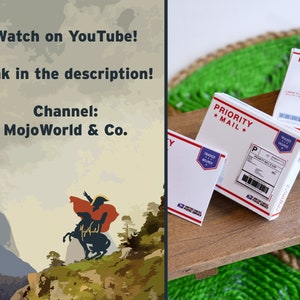 May include: White and red USPS Priority Mail boxes of various sizes are arranged on a wooden surface. The boxes are labeled with "Priority Mail" and include tracking information. The image also features text that reads "Watch on YouTube! Link in the description! Channel: MojoWorld & Co."