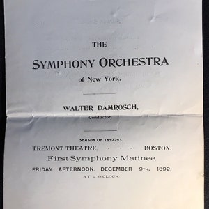 Vintage 1892 Music Program for a Concert Conducted by Walter Damrosch and the Symphany Orchestra of New York, Boston Venue