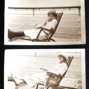 2 Vintage 1920s Photos of Two Women at Sea on Deck Chairs with the Ocean in the Background