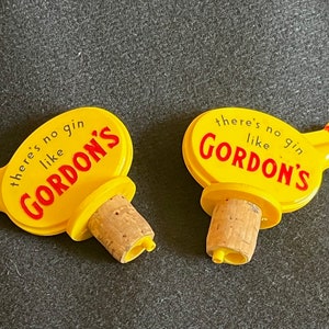 2 Hardly-Used Vintage 1960s Yellow and Red Plastic Gordon&#39;s Gin-Labeled Drink Pours (Liquor Pour Spouts)