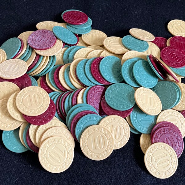 Large Lot (176 Pieces) of Plastic Chips/Coins Marked, 10, 50, and 100