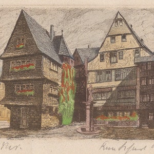 May include: A black and white illustration of a street scene with three buildings. The buildings are old and have a lot of detail. There is a fountain in the center of the street.