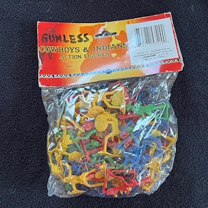 Vintage 1960s Plastic Cowboys and Indians In Unopened, Cellophane Package -- Gunless Set with Multi-Colored Pieces