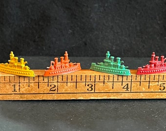 4 Vintage 1960s Metal Game Tokens in the Shape of Battleships-- Red, Orange, Yellow and Turquoise