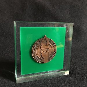 Vintage Medal Embedded in Acrylic Paperweight Commemorating Eastern College Division II Hockey Championships, March, 1978
