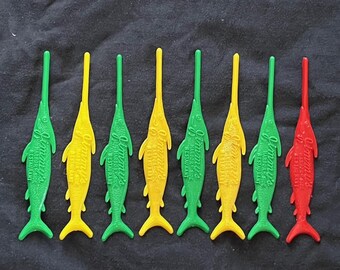 8 Swordfish-Shaped Swizzle Sticks, Jimmy's Harbor Side Restaurant, which closed in 2005, Red, Yellow, Green+-