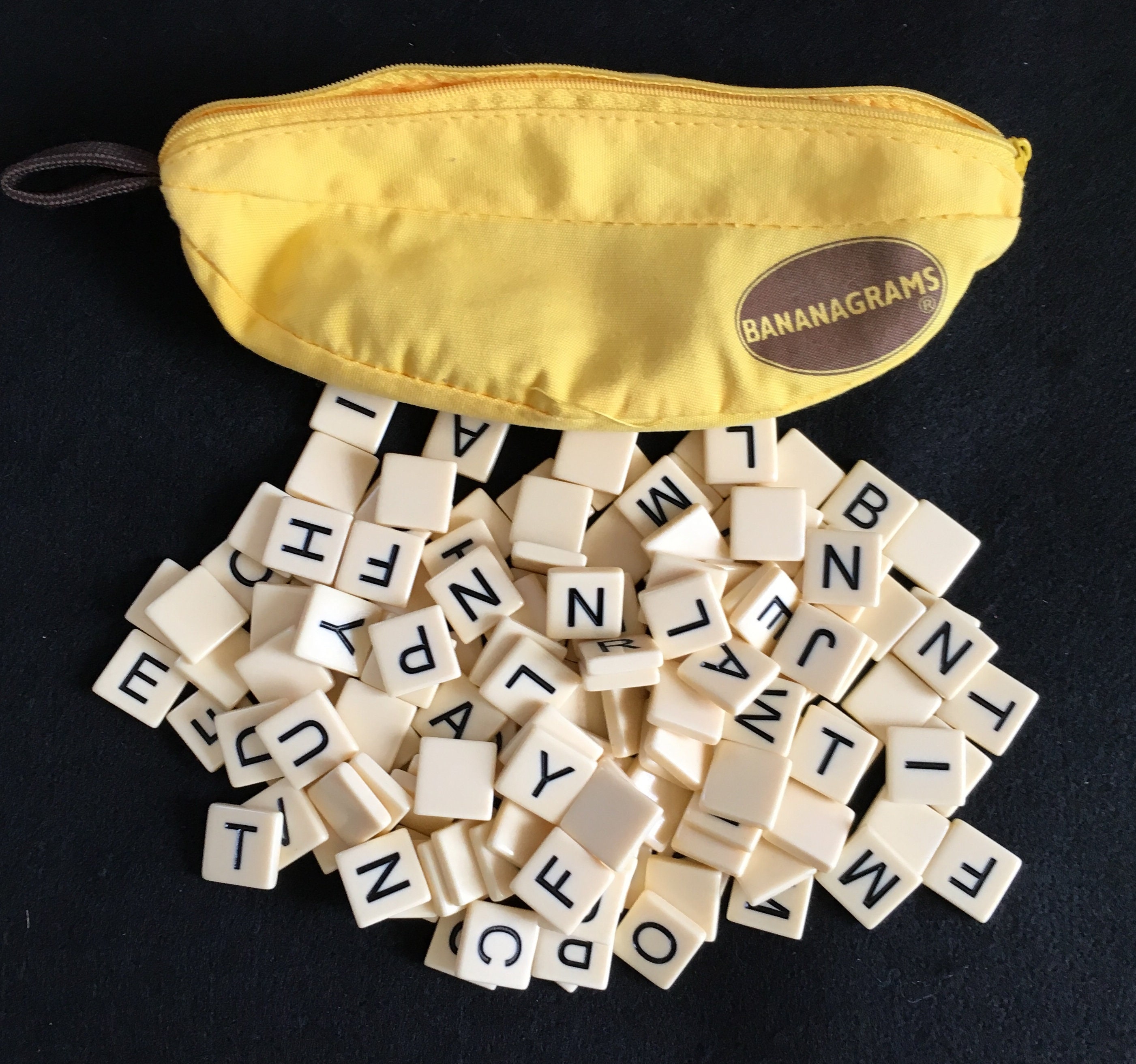 Bananagram Letter Tile Game, Used, Complete, 144 Lettered Tiles, Instructions Included
