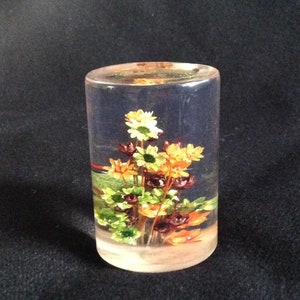 Cylindrical-Shaped Acrylic Paperweight with Colorful Paper Flowers Embedded