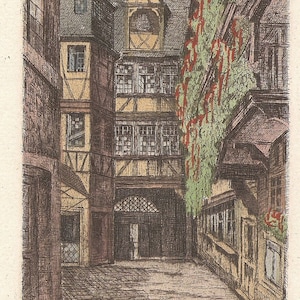 Vintage 19th Century Color Intaglio Etching of a Frankfort Germany Street Printed by G. Rothgeb