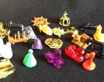 22 Game Trinkets from a Treasure-Themed Board Game -- Gold Coins, Gold Bars, Crown, Gems, Ship Wheel, Anchor, Conquistador's Helmet, More