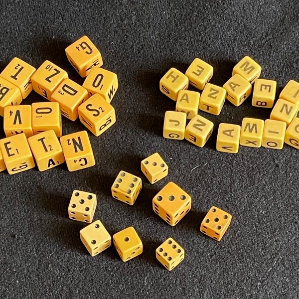 36 Vintage Varied 1950s Butterscotch Bakelite Dice -- 13 Scrabble-Style Letter Die, 15 Alphabet Die, 8 Multi-Sized Standard Die with Dots