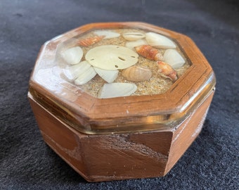 Octagonal Wooden Box (Change Box, Pill Box, Jewelry Box) w/ an Acrylic Encased Lid with Embedded Shells and Sand 1.75" Tall, 3.5" on a Side