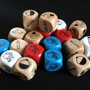 20 Oversized Wooden Dice (and 2 Wooden Coins) from Fishing-Themed Dice game