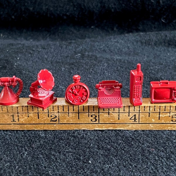 Six Firetruck-Red Painted Metal Tokens from a Retro Device-Themed Monopoly--Phone, Typewriter, Victrola, Cell Phone, Clock, Television