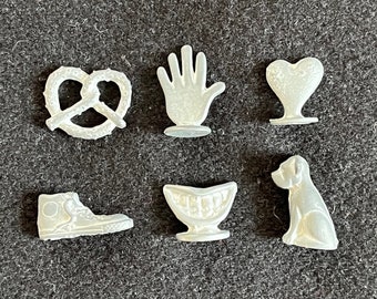 Six Vintage Playing Pieces from a Custom Monopoly (Bostonopoly) Game -- Converse Sneaker, Red Sox Cap, Pretzel, Heart, Swan, Dog